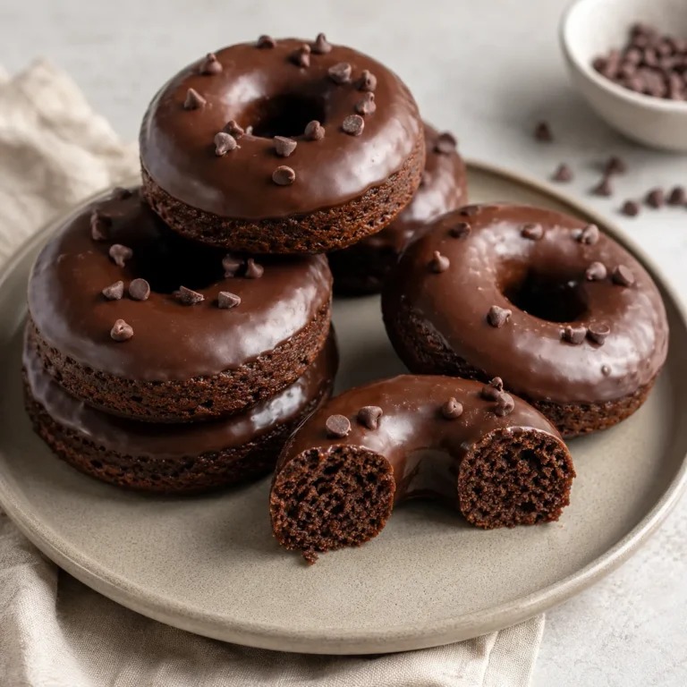 Baked high-protein chocolate donuts with glossy dark chocolate glaze