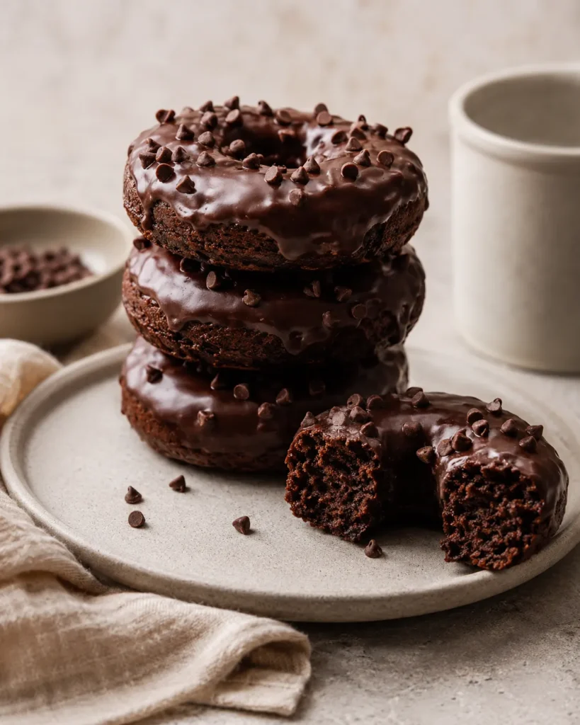 Stack of baked high-protein chocolate donuts with chocolate glaze on a plate