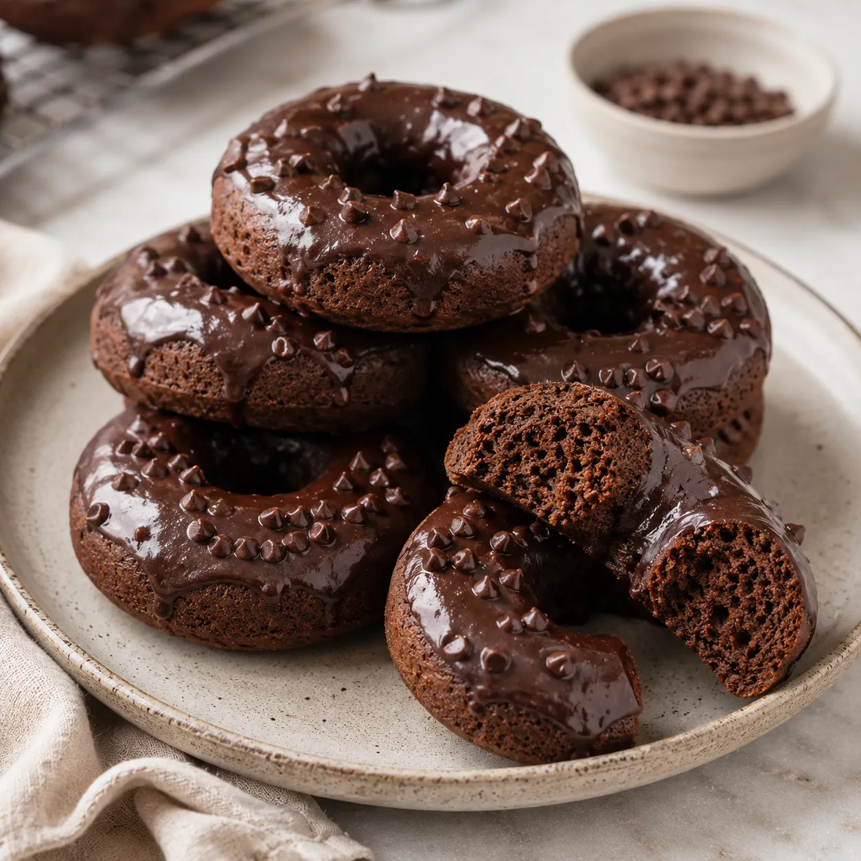 Baked high-protein chocolate donuts with glossy dark chocolate glaze and mini chocolate chips.