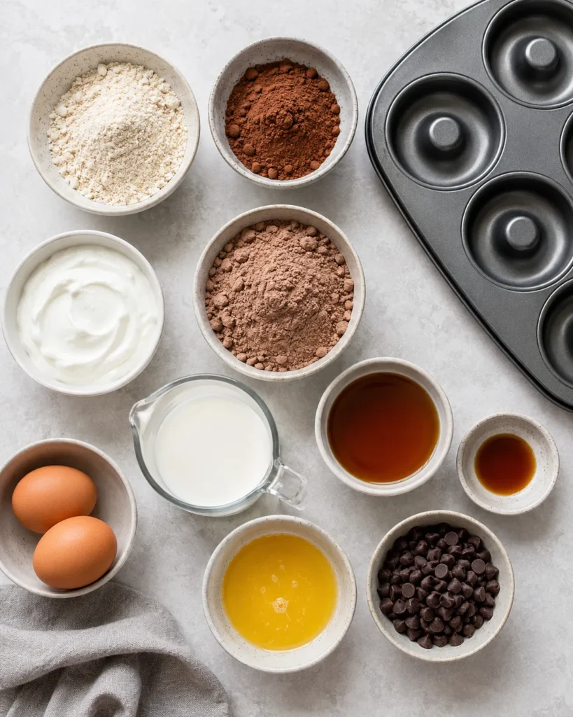 Ingredients for baked high-protein chocolate donuts arranged on a countertop