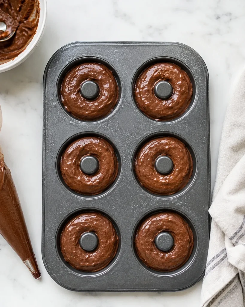 Chocolate donut batter portioned into a donut pan before baking