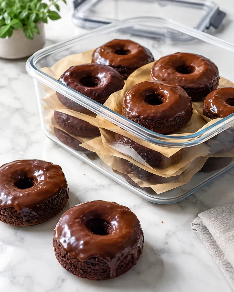 High-protein chocolate donuts stored in a container with parchment between layers