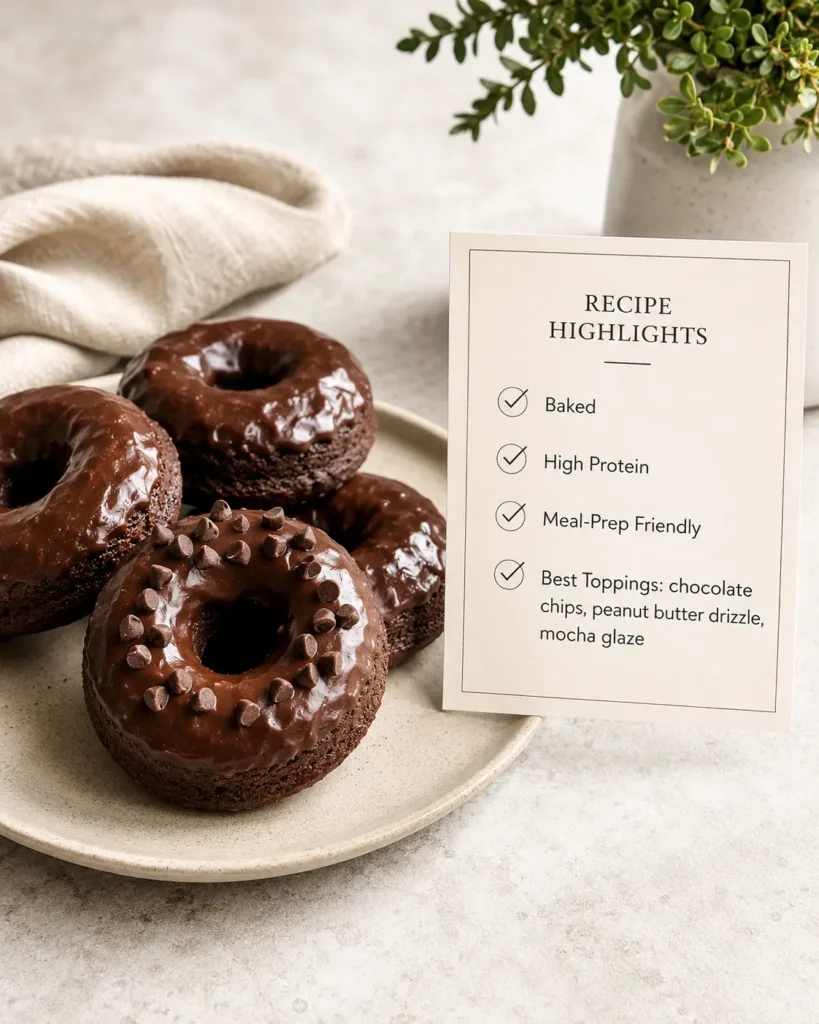 High-protein chocolate donuts beside a simple recipe summary card