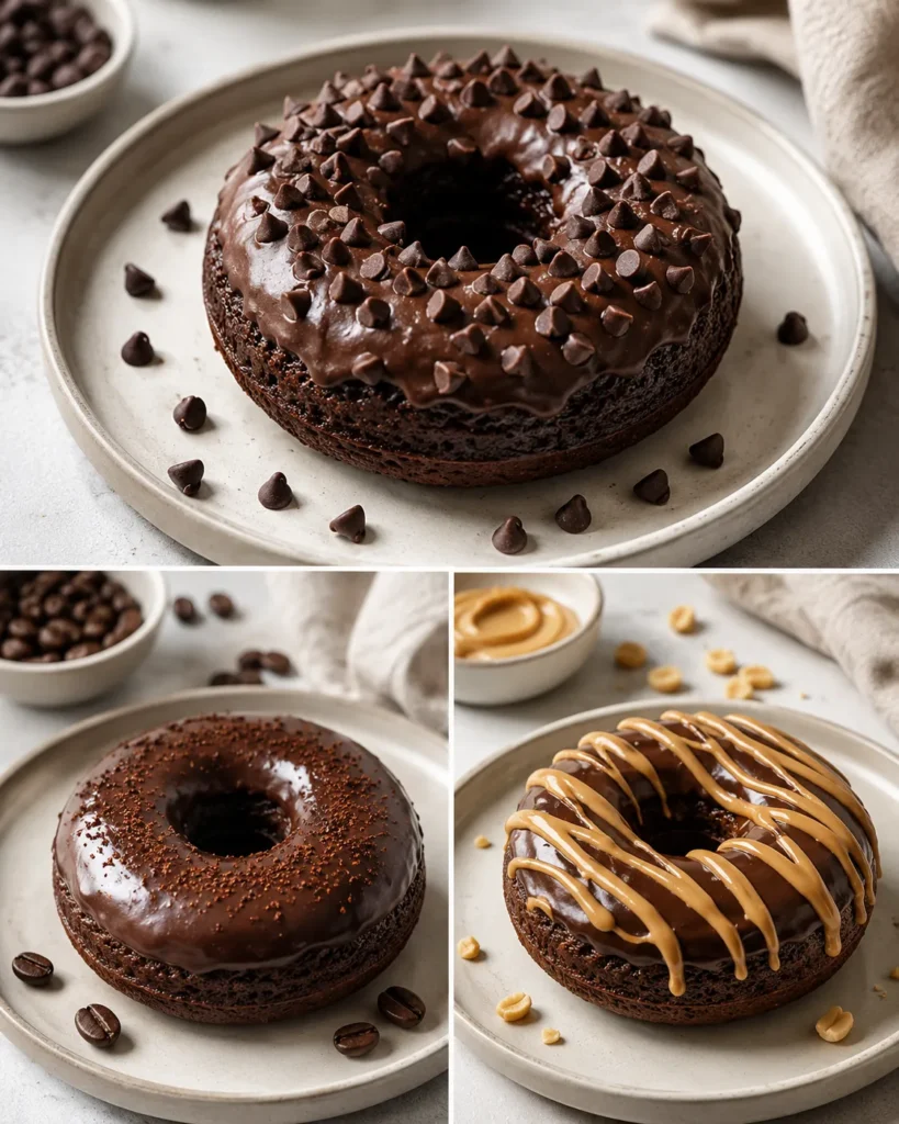 Three variations of high-protein chocolate donuts including double chocolate, mocha, and peanut butter drizzle