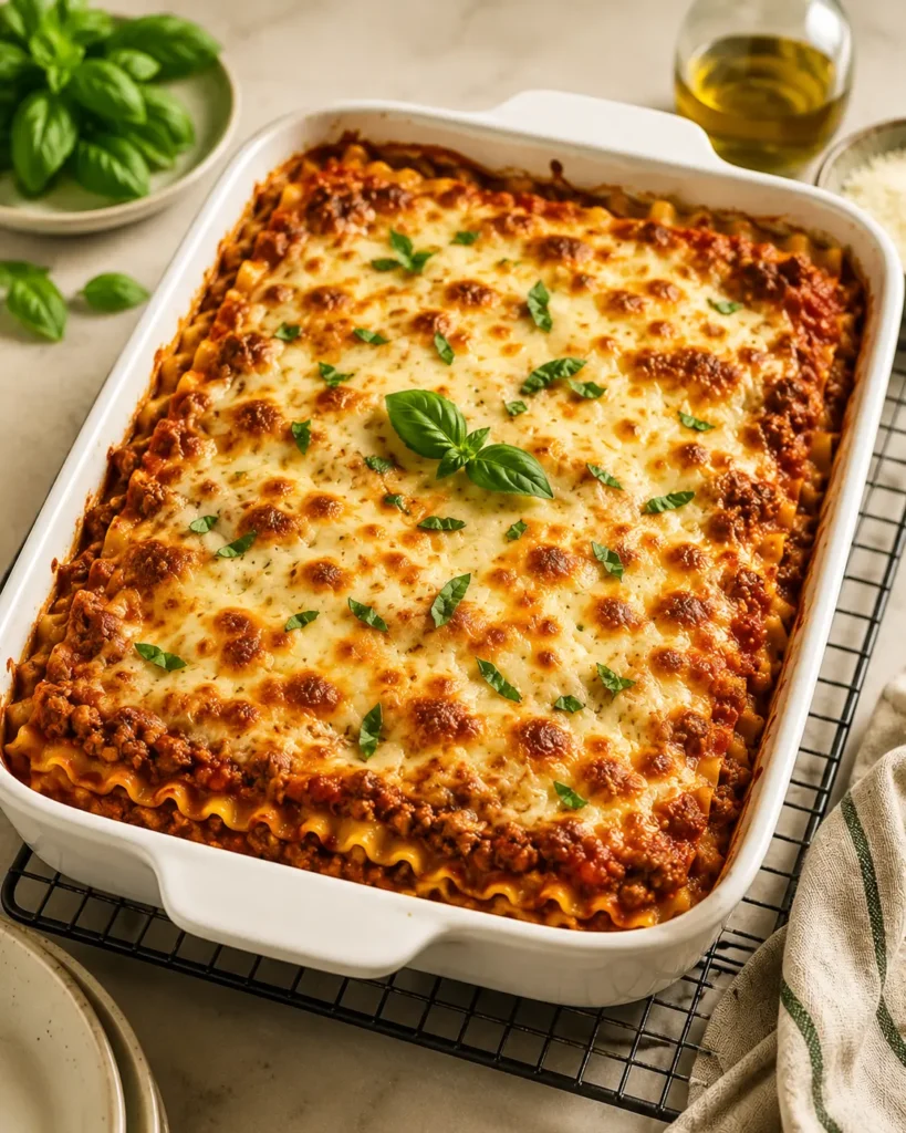 Freshly baked high-protein lasagna with a golden cheese top in a white casserole dish