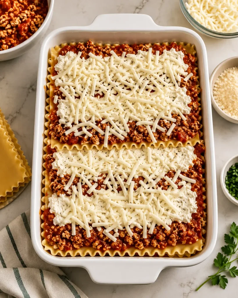 Layered high-protein lasagna in a white baking dish before baking