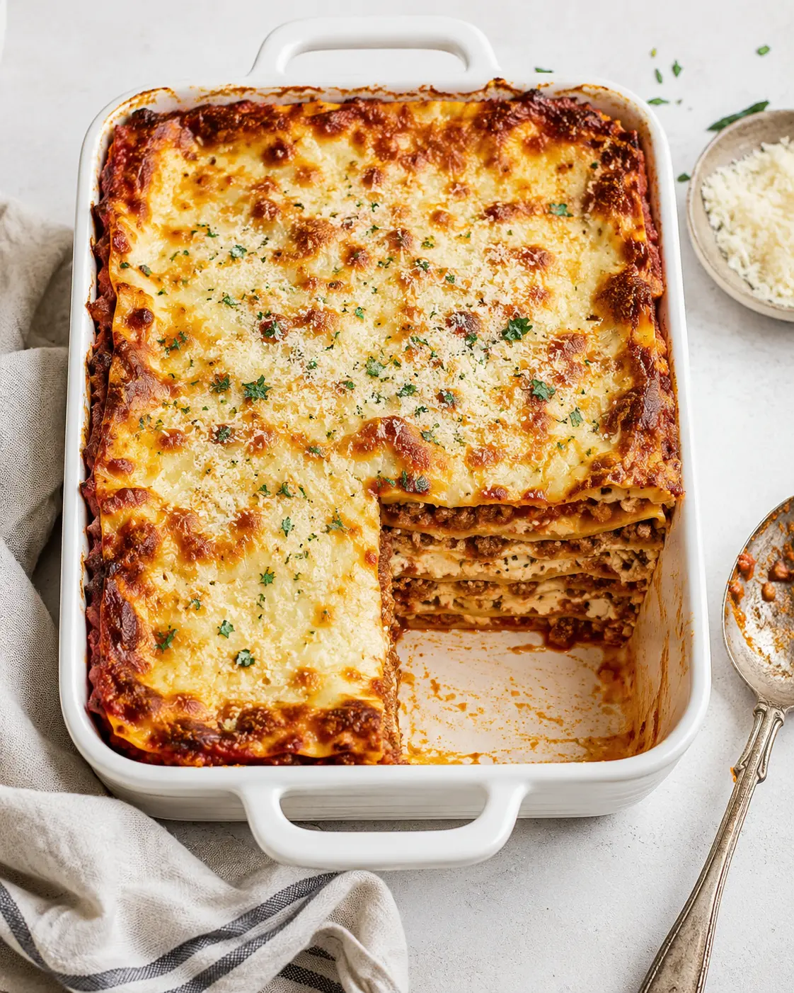 Overhead view of high-protein lasagna in a baking dish with one corner served out