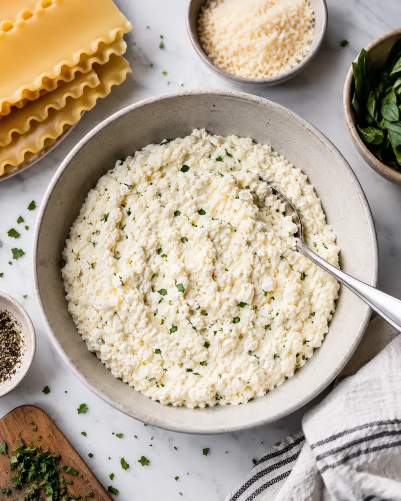 Cottage cheese mixture with egg, parmesan, and herbs for high-protein lasagna
