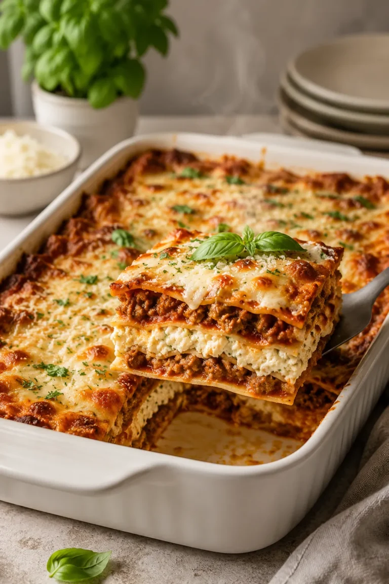 High protein lasagna with layered meat sauce cottage cheese filling and melted mozzarella