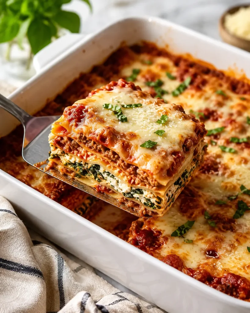 Slice of high-protein lasagna lifted from a white baking dish, showing layers of noodles, lean meat sauce, cottage cheese, spinach, and melted mozzarella.