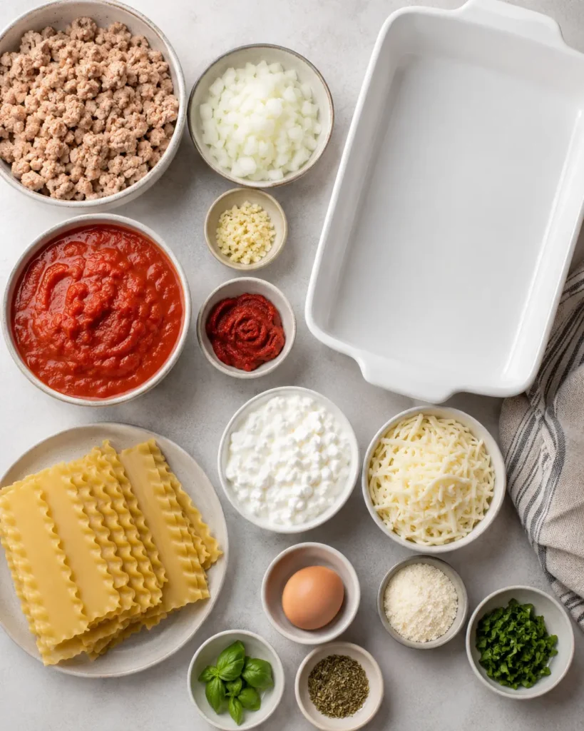 Ingredients for high-protein lasagna arranged in bowls beside a white baking dish