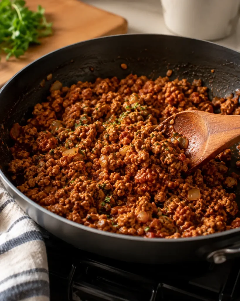 Lean meat sauce cooking in a skillet for high-protein lasagna