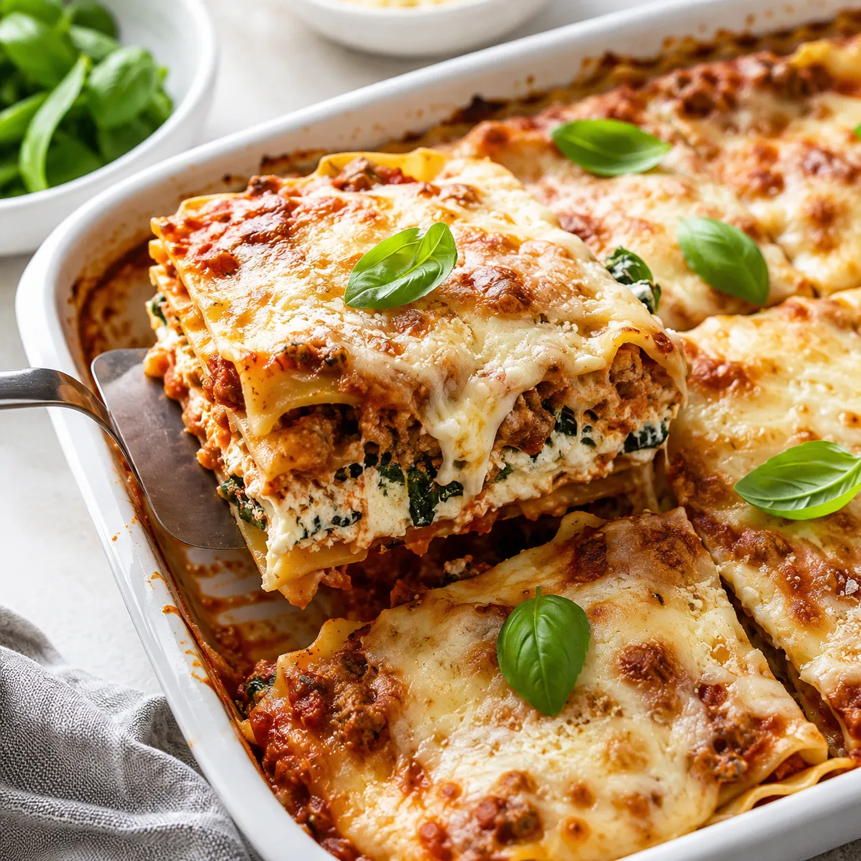 High-protein lasagna with turkey sauce, cottage cheese, spinach, and melted mozzarella