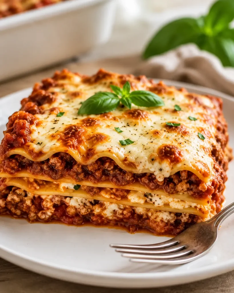 Close-up of a plated slice of high-protein lasagna showing meat, noodles, and cheese layers