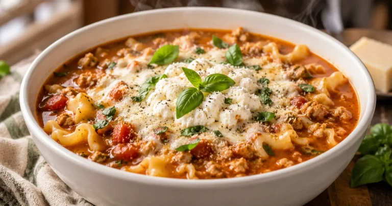 High protein lasagna soup in a bowl with ricotta, basil, and parmesan