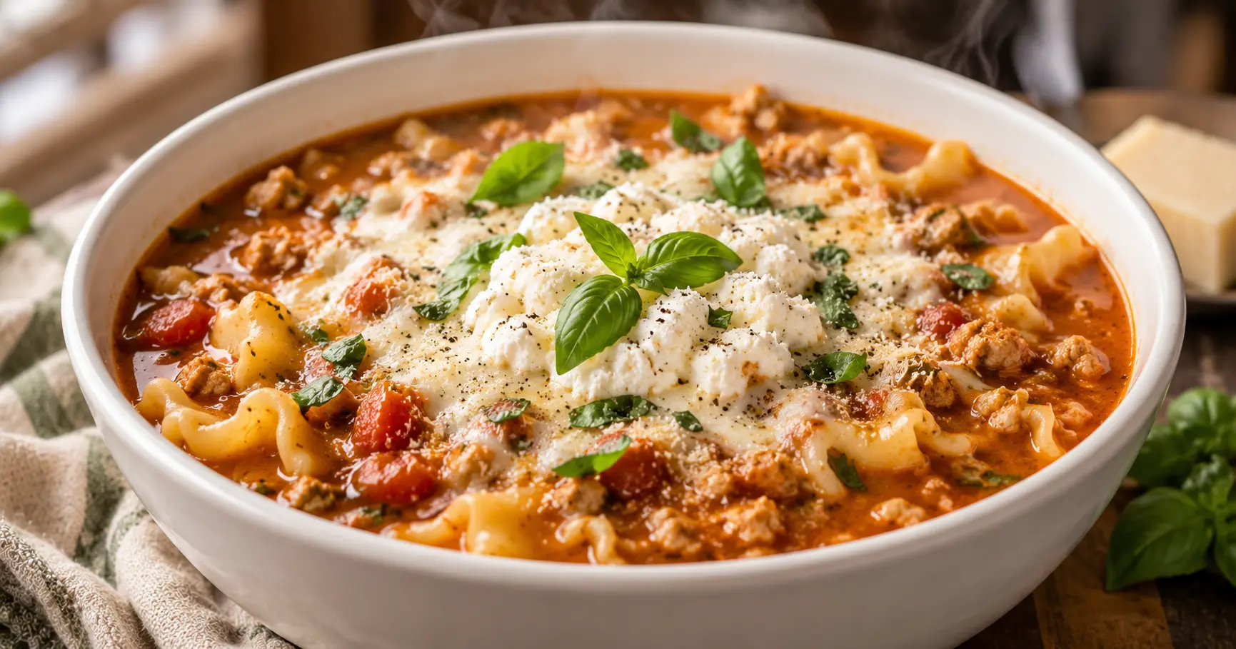 High protein lasagna soup in a bowl with ricotta, basil, and parmesan