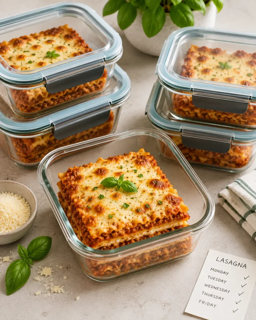 High-protein lasagna slices stored in glass meal-prep containers