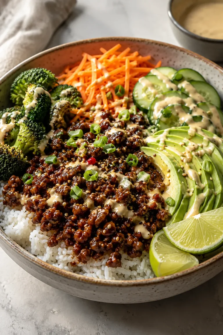 Hot honey ground beef bowl with rice, vegetables, avocado, and creamy drizzle