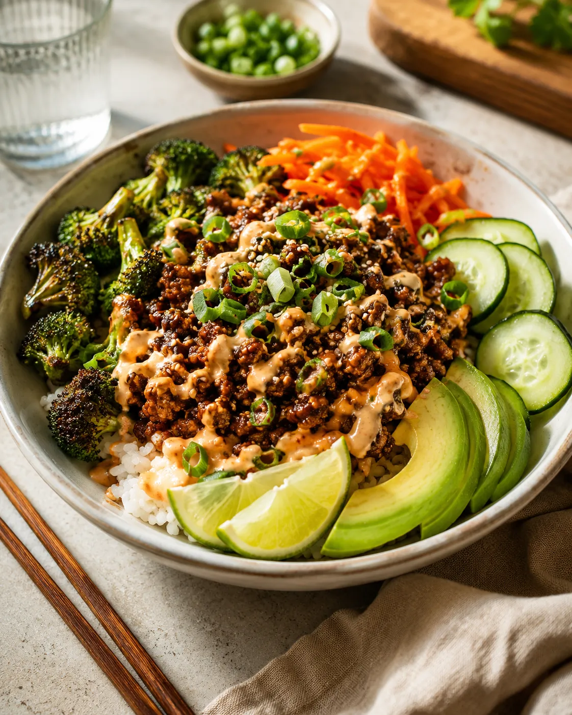 Hot honey ground beef bowl with rice, vegetables, avocado, and creamy drizzle