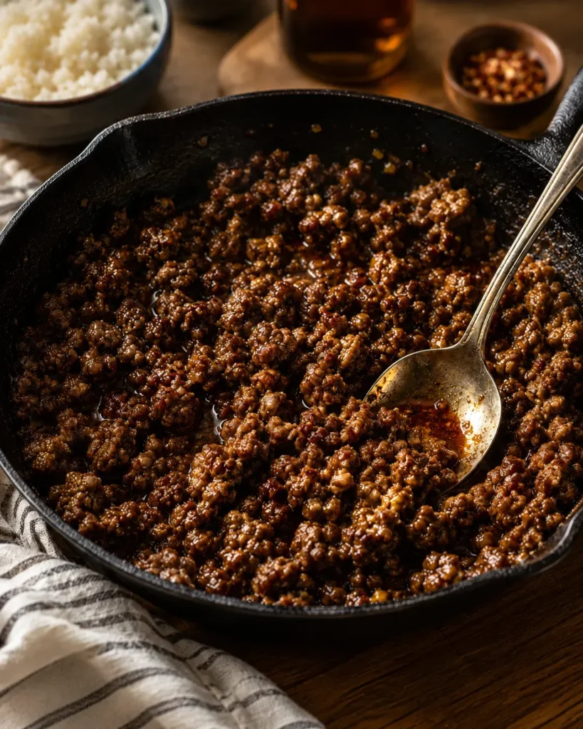 Sweet-and-spicy hot honey ground beef cooking in a skillet