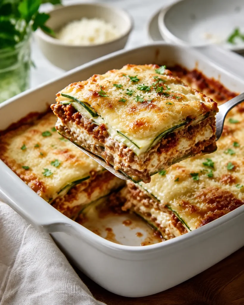 Freshly baked keto zucchini lasagna with a golden cheese top in a casserole dish