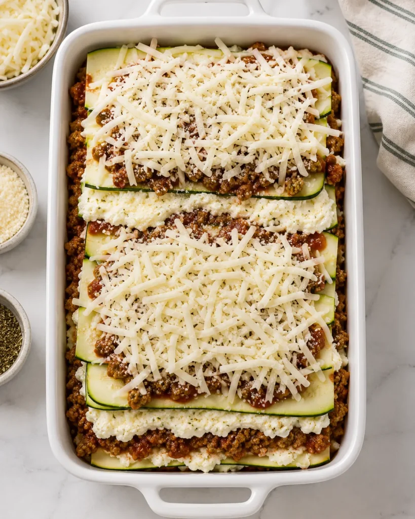 Layered keto zucchini lasagna in a baking dish before baking