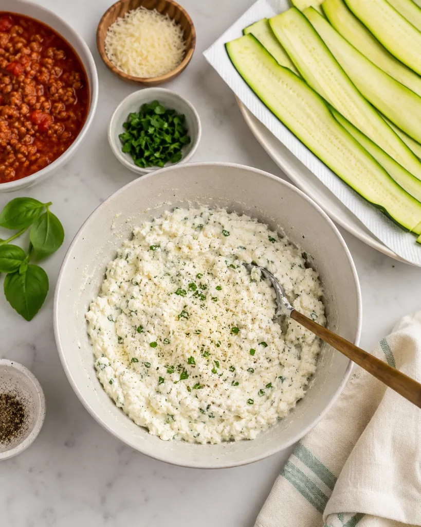 Cheese mixture with ricotta, egg, parmesan, and herbs for zucchini lasagna