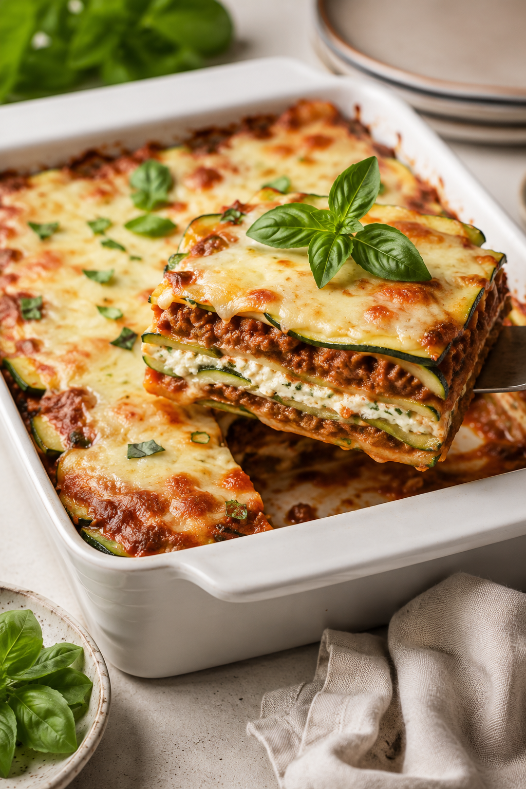 Keto zucchini lasagna with layered zucchini, meat sauce, ricotta, and melted mozzarella Title: Keto Zucchini Lasagna