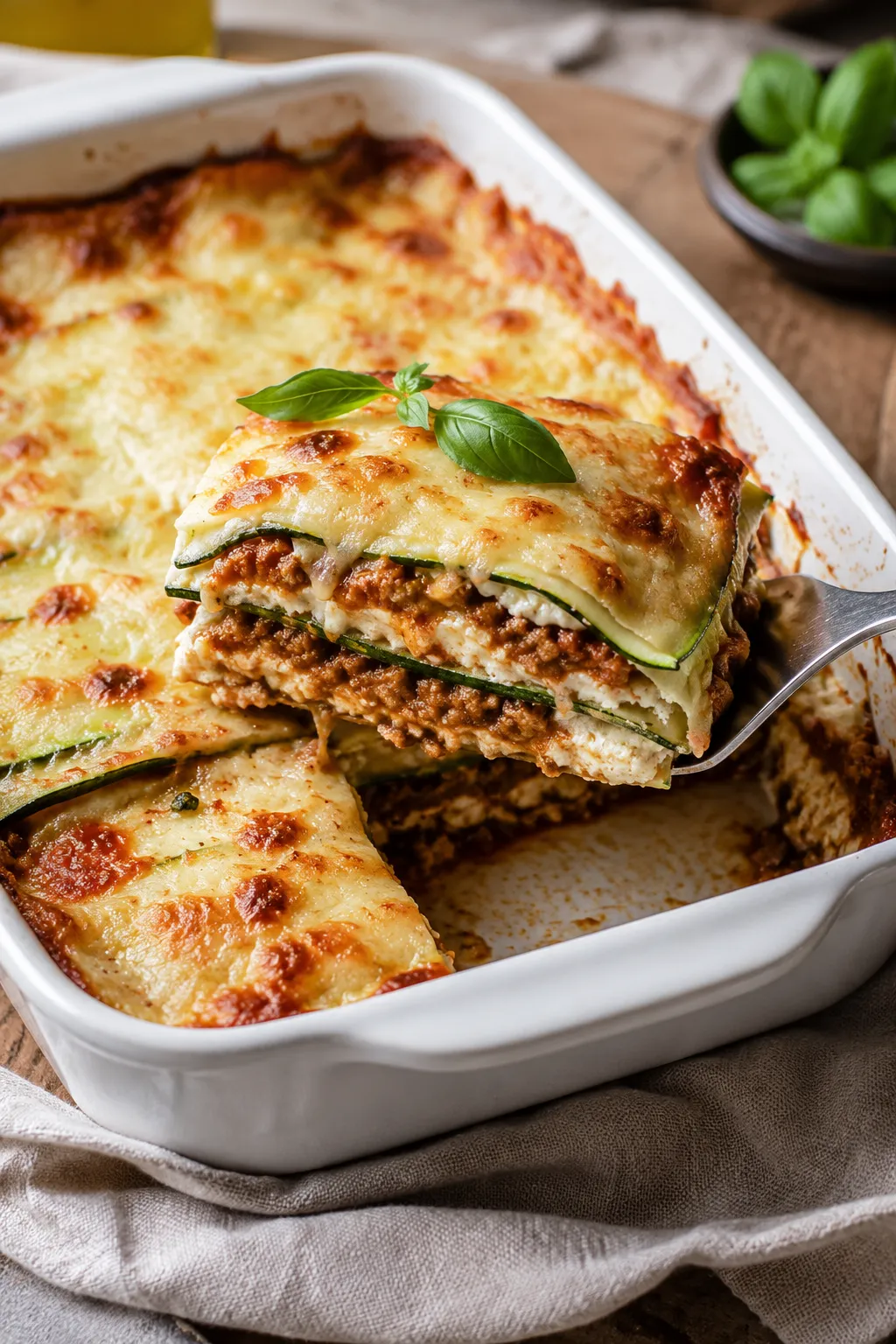 Keto zucchini lasagna with a lifted slice showing zucchini, meat sauce, ricotta, and cheese layers