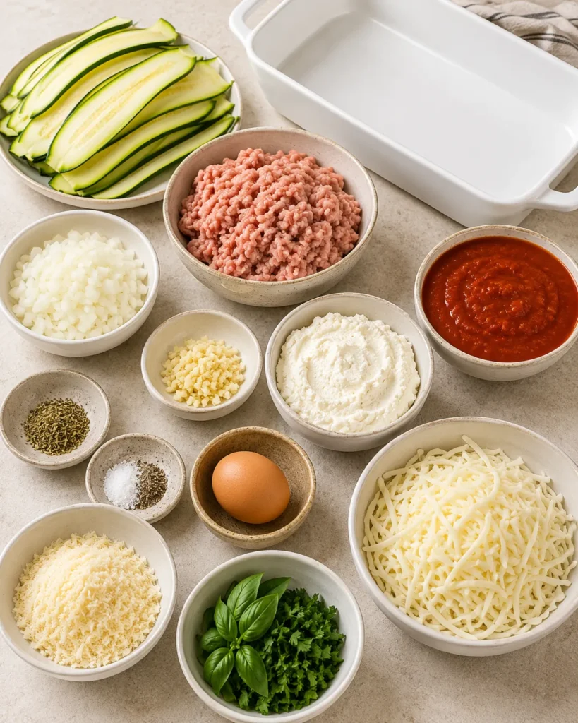 Ingredients for keto zucchini lasagna arranged in bowls beside a baking dish