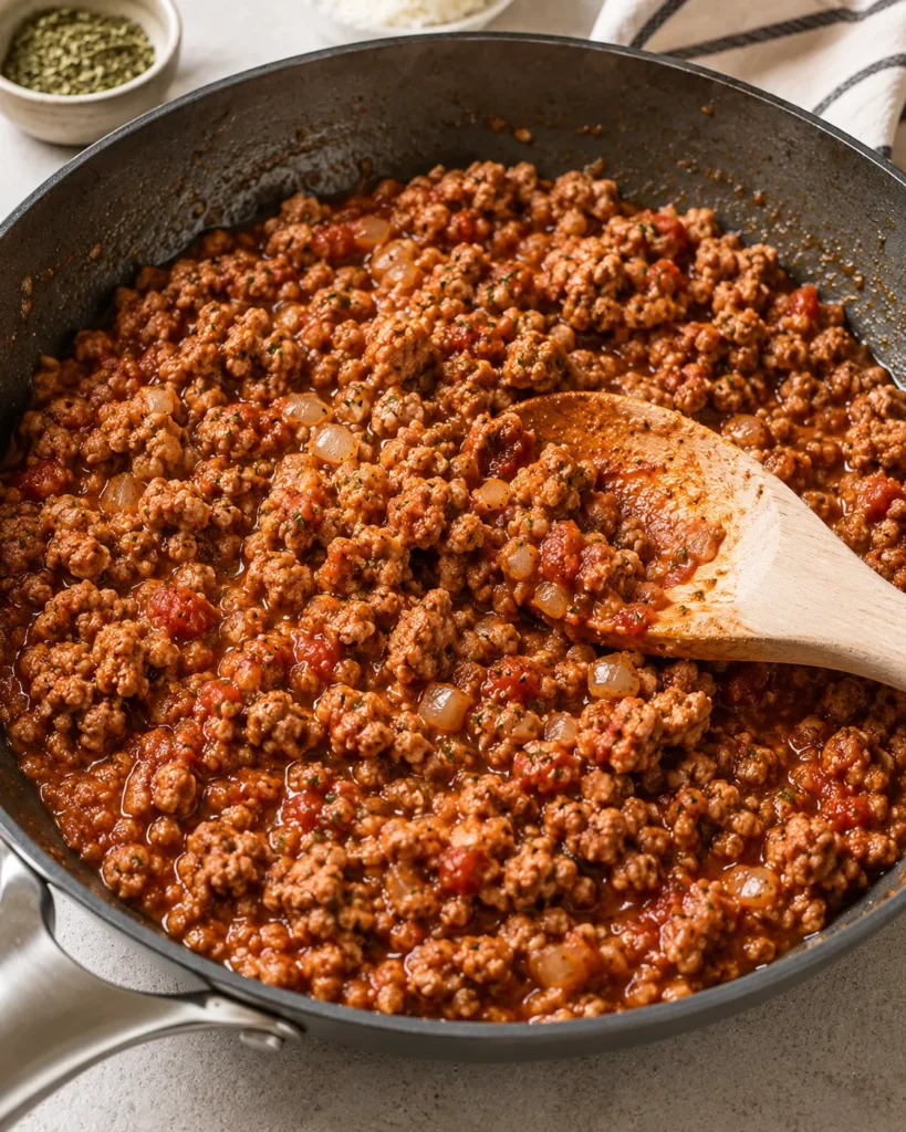Ground turkey meat sauce cooking in a skillet for zucchini lasagna