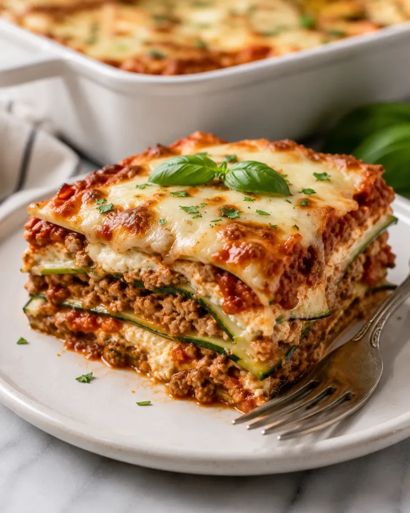 Close-up of a plated slice of keto zucchini lasagna showing layered zucchini, meat sauce, and cheese