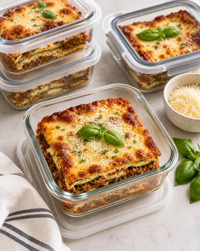Keto zucchini lasagna slices stored in glass meal-prep containers