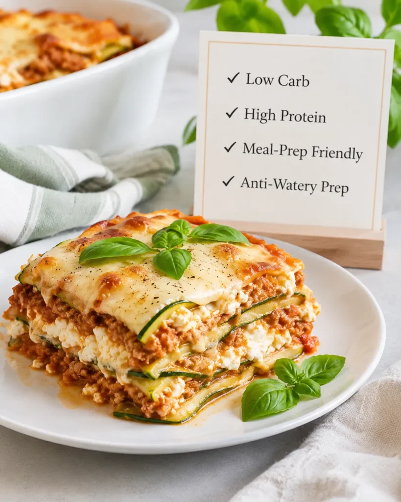 Slice of keto zucchini lasagna beside a simple recipe summary card