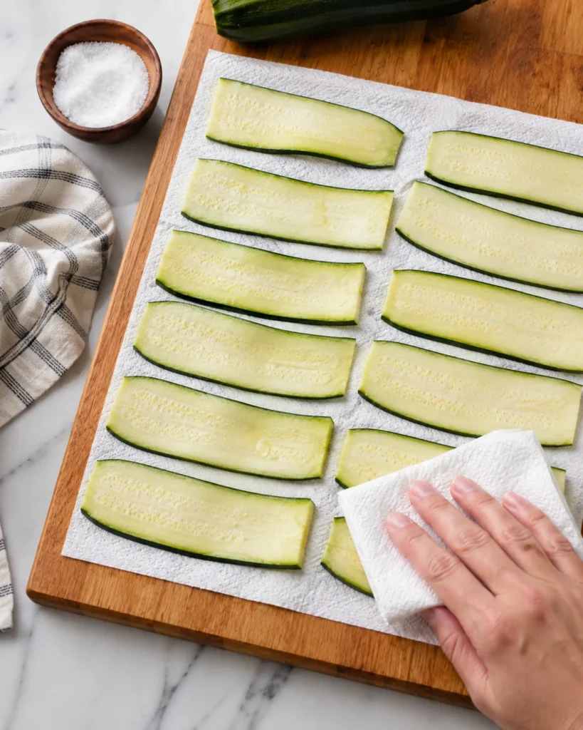 Salted zucchini slices laid on paper towels to remove moisture before making lasagna