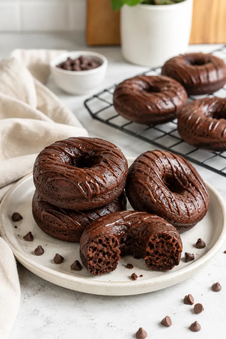 Baked low-calorie chocolate protein donuts with a soft chocolate crumb