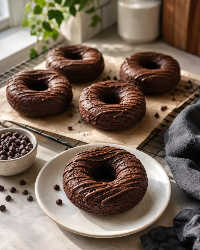 Baked chocolate protein donuts on a cooling rack with a light chocolate drizzle