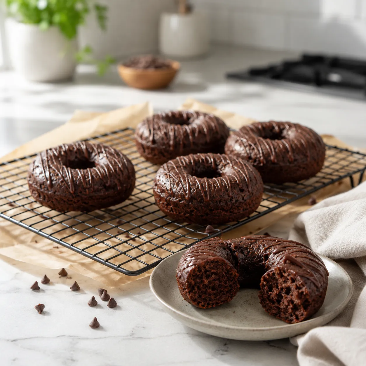Low-calorie chocolate protein donuts with a light chocolate drizzle