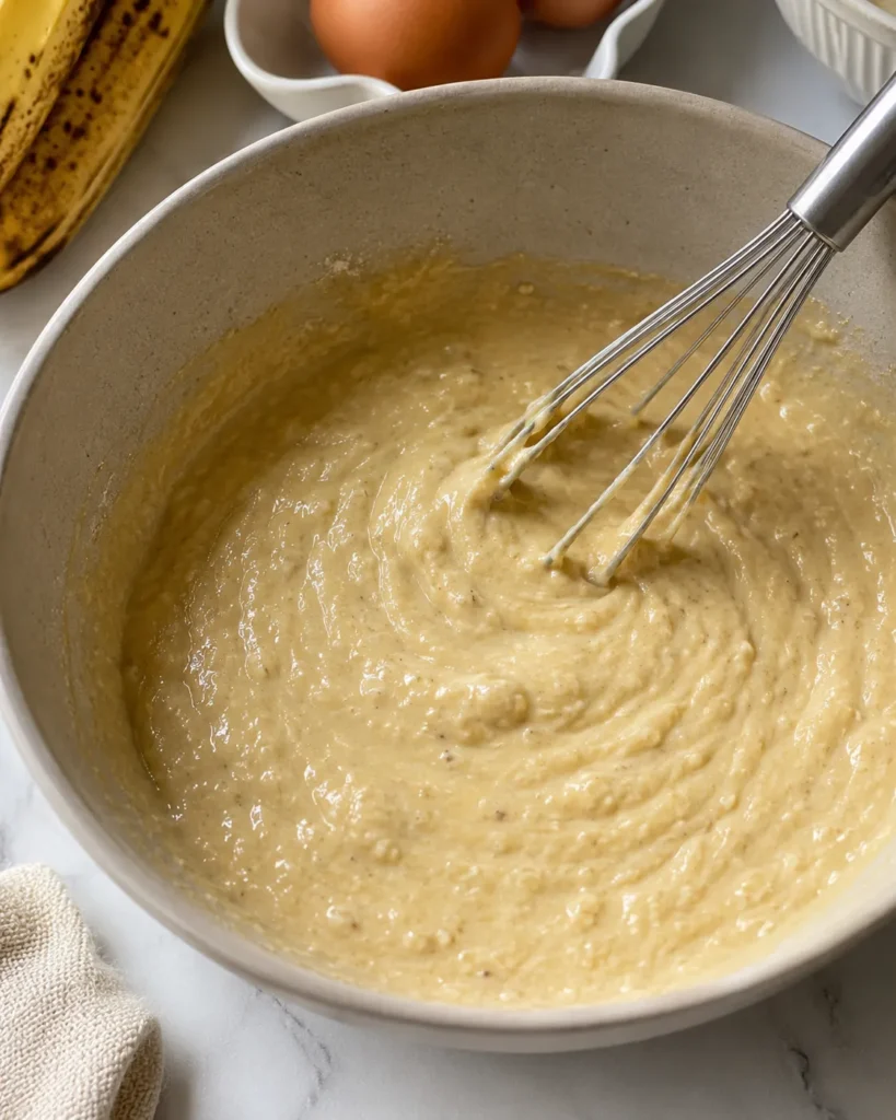 Wet ingredients being whisked for high-protein chocolate banana bread batter