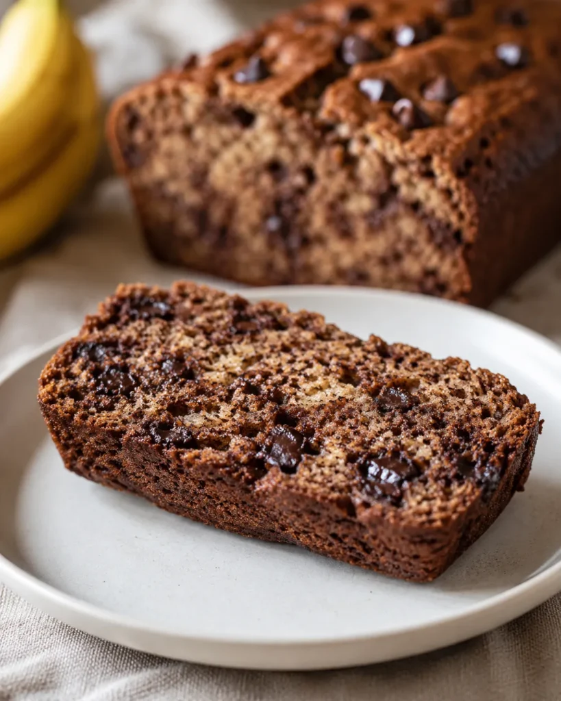 Moist slice of high-protein chocolate banana bread with visible banana flecks and melted chocolate chips