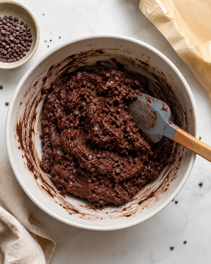Thick chocolate brownie batter mixture for no-bake protein bites in a bowl