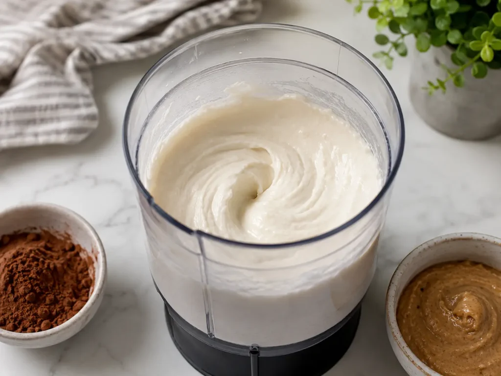 Smooth blended cottage cheese base for brownie batter protein bites.
