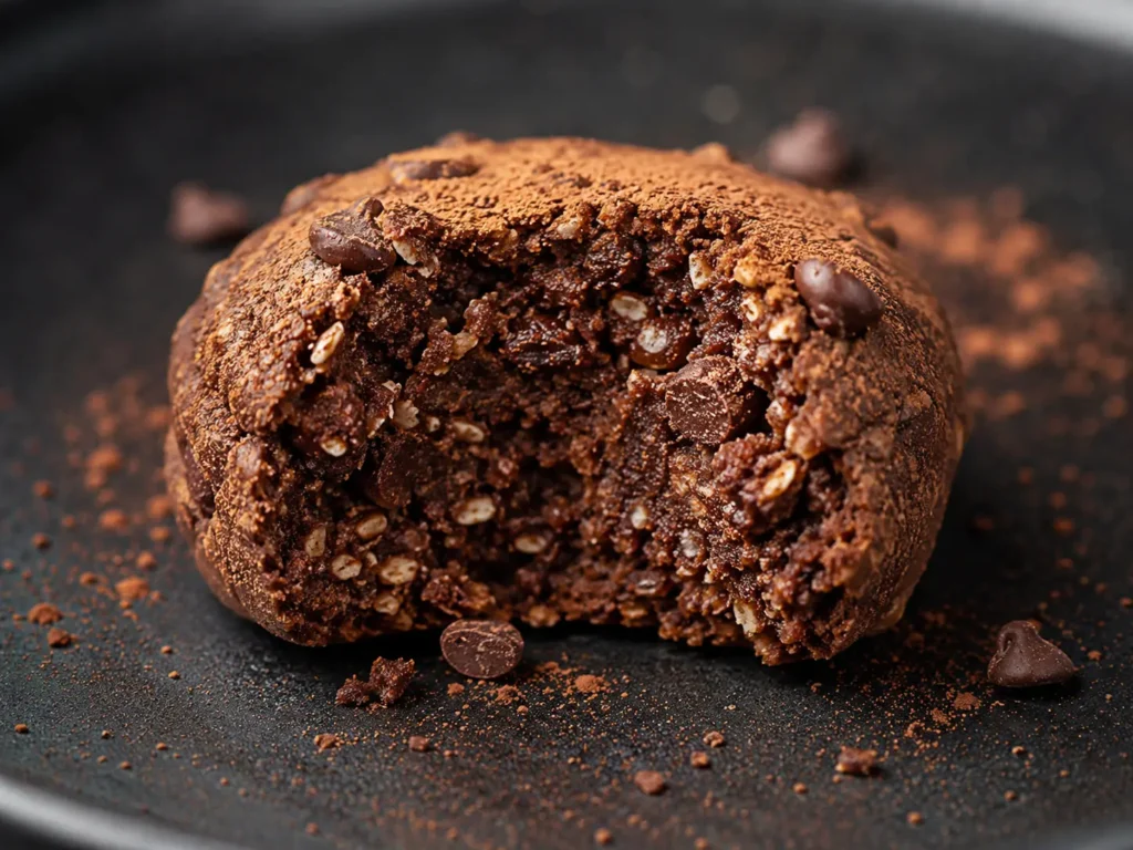 Close-up of the fudgy inside of a cottage cheese brownie batter protein bite.