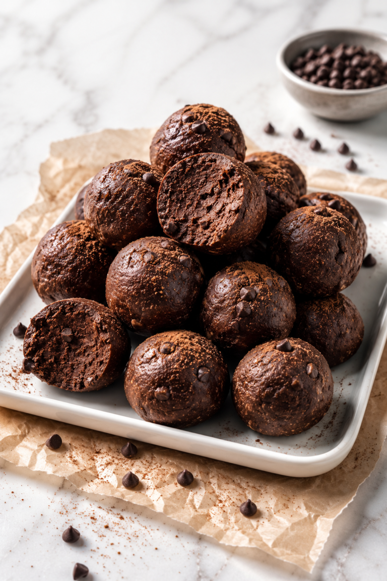 No-bake cottage cheese brownie batter protein bites on a white tray