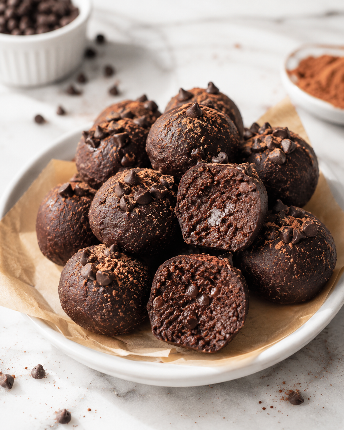 No-bake cottage cheese brownie batter protein bites on a white plate