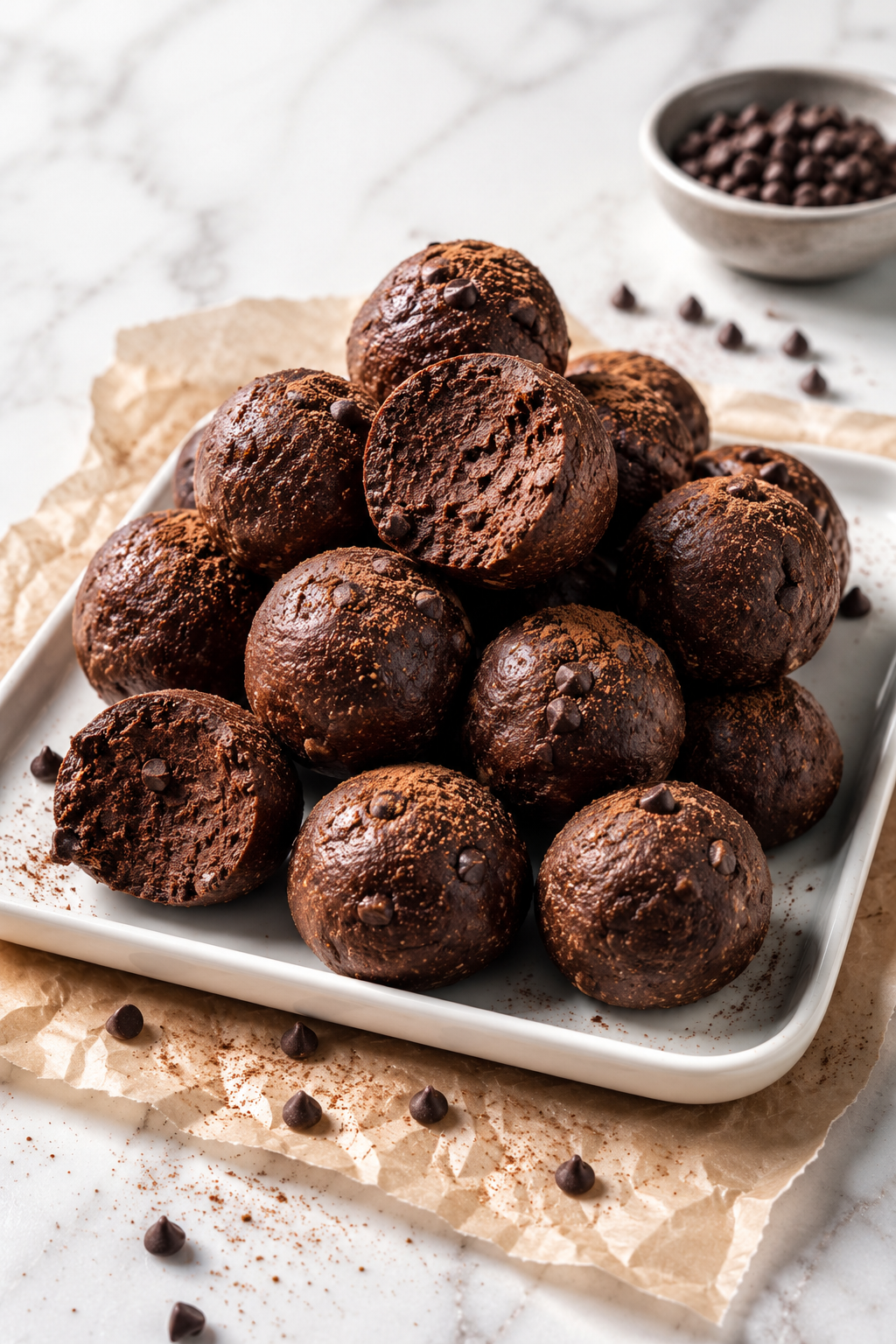 No-bake cottage cheese brownie batter protein bites on a white tray