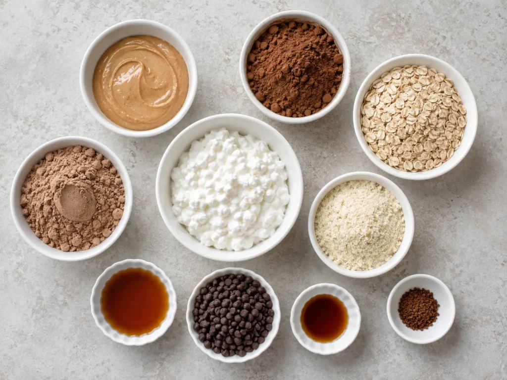 Ingredients for cottage cheese brownie batter protein bites laid out overhead.