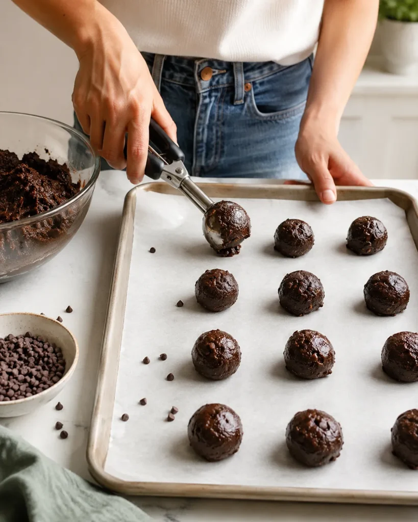 : Scooping chilled brownie batter into bite-size portions for rolling