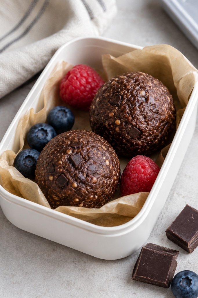 No-bake cottage cheese brownie batter protein bites packed as a portable snack.