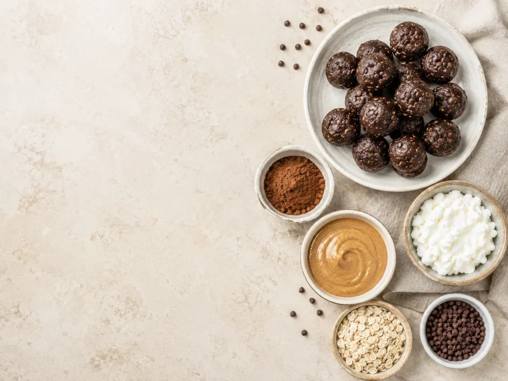 Overhead summary-style image for no-bake cottage cheese brownie batter protein bites.